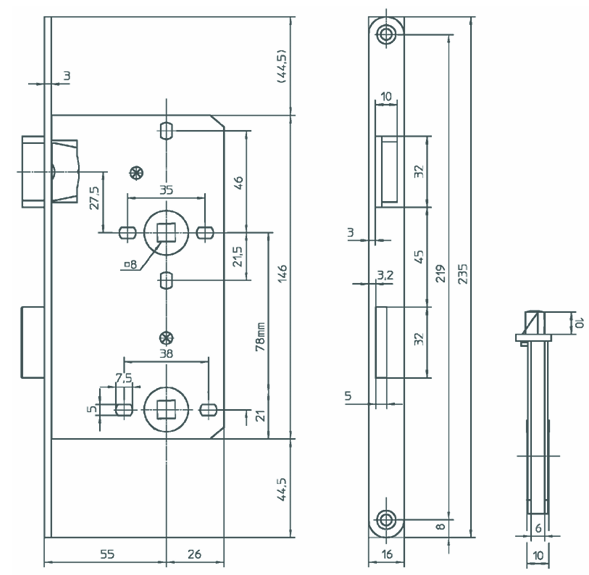 Badezellenschloss 280 dünn, mit extra dünnem Schlosskasten 