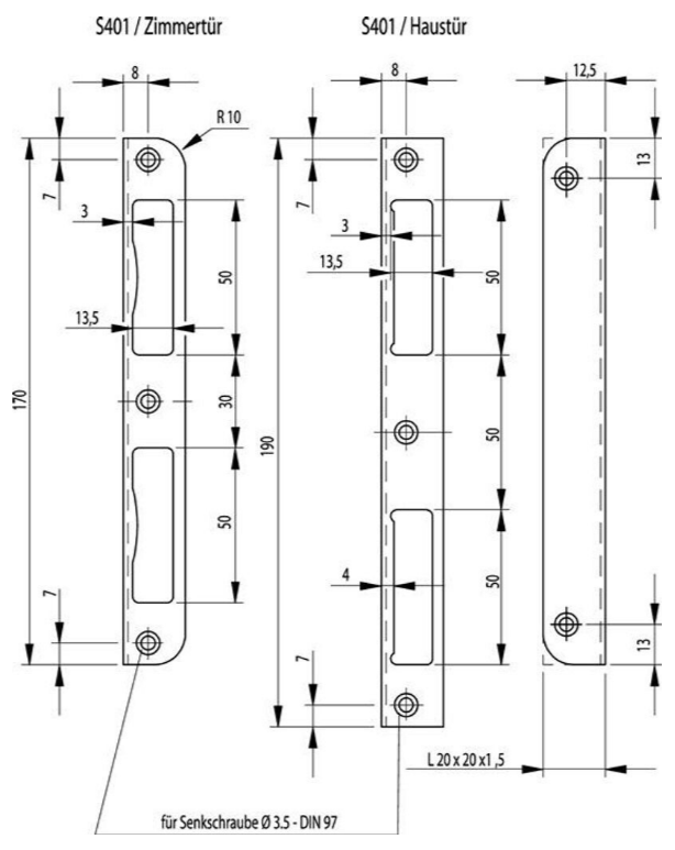 BKS Winkelschließbl.S401 STA silber Winkel B20xL190mm rd.T.20mm DIN L/R